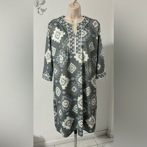 GRETCHEN SCOTT Split Neck Jersey Dress Aztec Print Neutral Gray Size XL